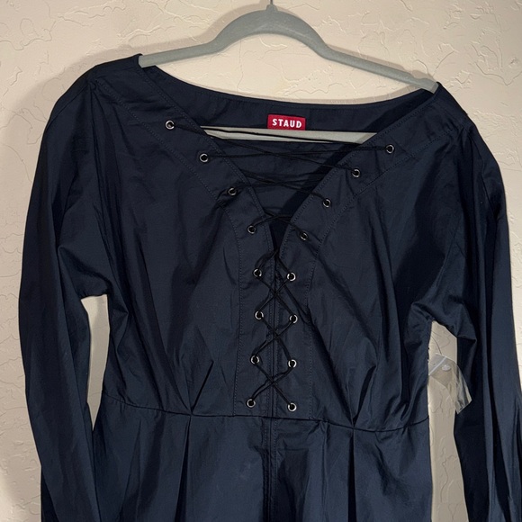 STAUD black Monroe peplum top in cotton poplin with a lace-up front size 8 - Picture 9 of 9